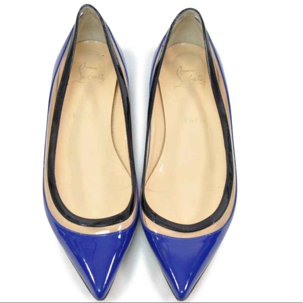 LOUBOUTIN PAULINA POINTY TOE FLATS BLUE LEATHER 39